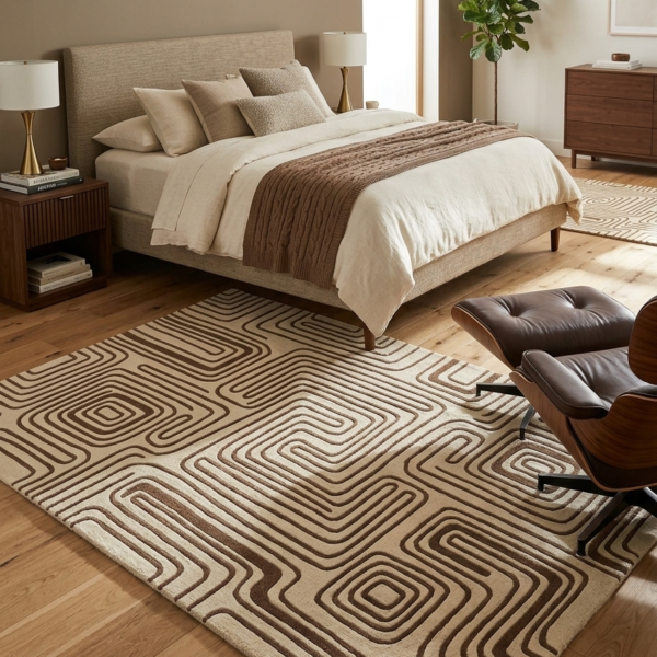 Geometric Maze Line Pattern Area Rug – Beige & Brown