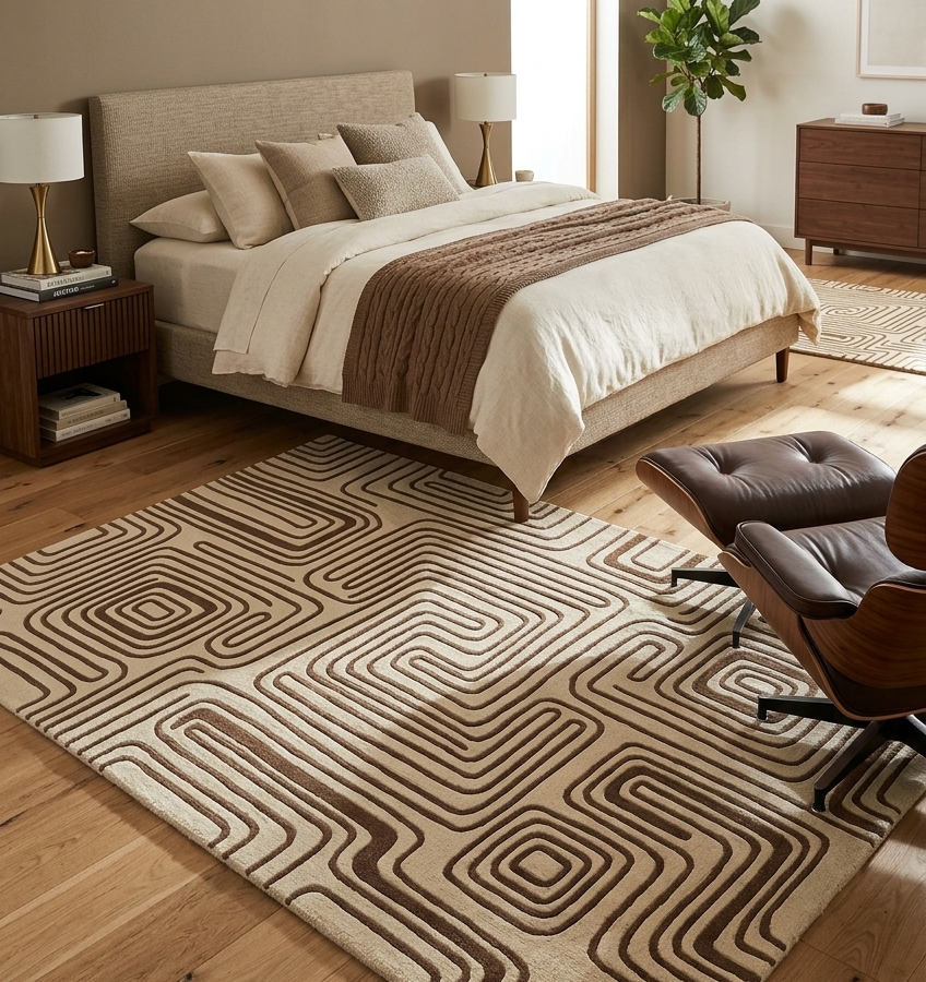 Geometric Maze Line Pattern Area Rug – Beige & Brown