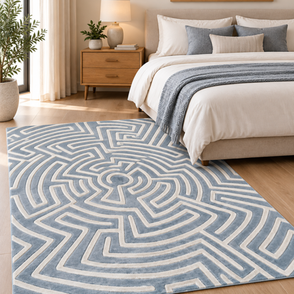 Geometric Maze Pattern Area Rug – Blue & Ivory