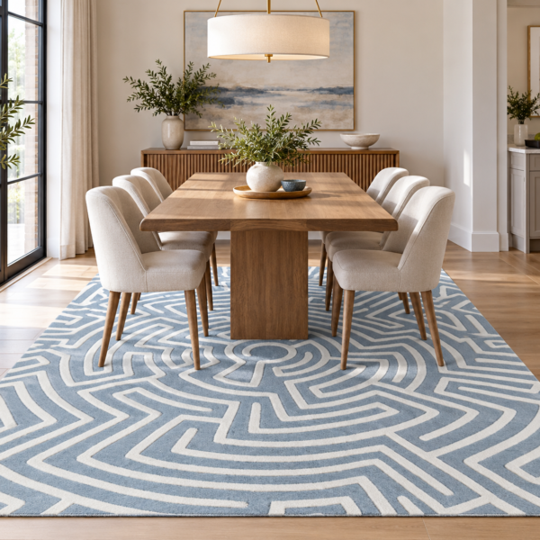Geometric Maze Pattern Area Rug – Blue & Ivory
