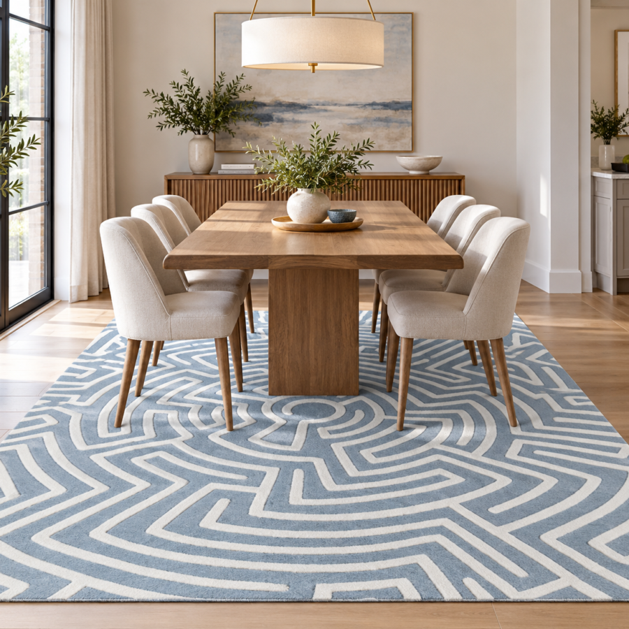 Geometric Maze Pattern Area Rug – Blue & Ivory