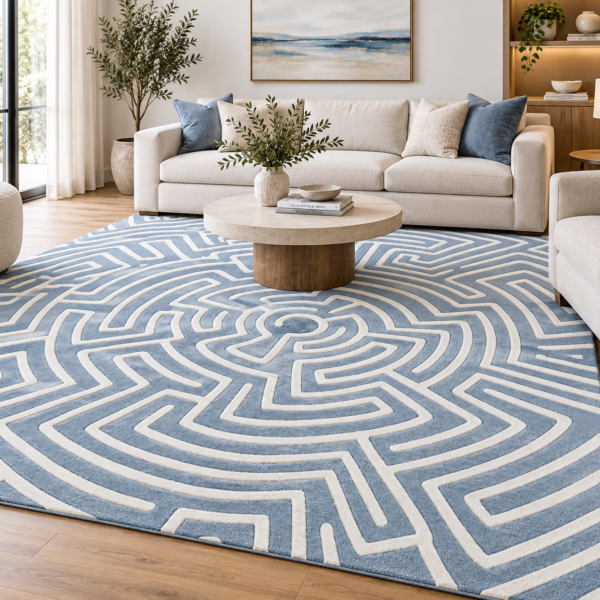 Geometric Maze Pattern Area Rug – Blue & Ivory