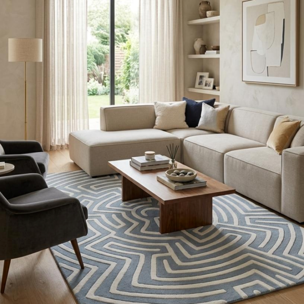 Geometric Maze Pattern Area Rug – Blue & Ivory