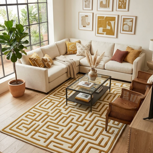 Gold & Ivory Geometric Maze Area Rug