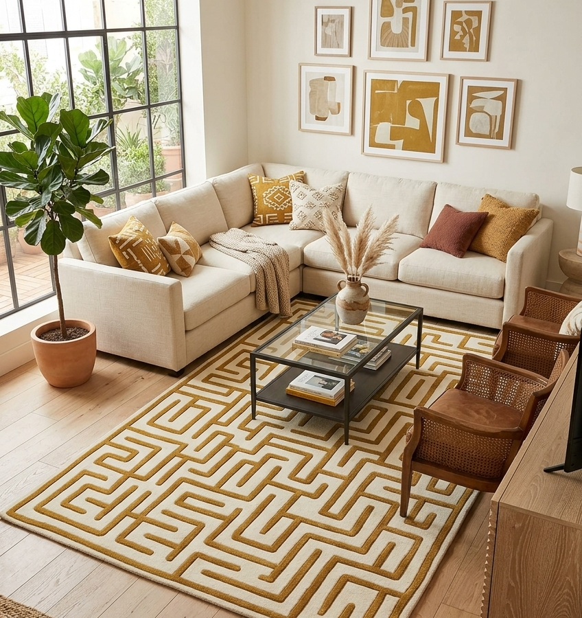 Gold & Ivory Geometric Maze Area Rug