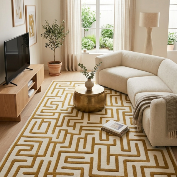 Gold & Ivory Geometric Maze Area Rug