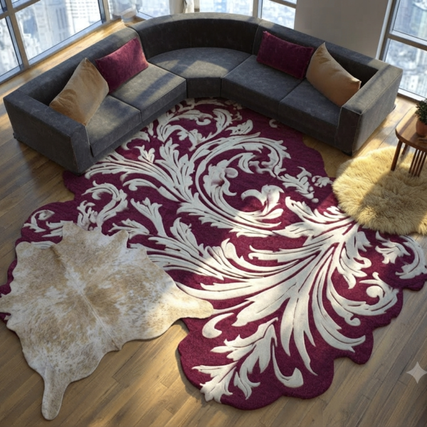 Luxury Burgundy & Cream Floral Area Rug