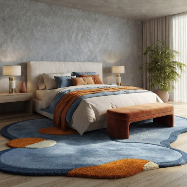 Modern Abstract Blue & Orange Organic Area Rug