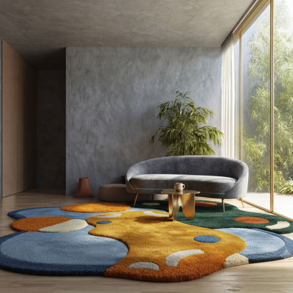 Modern Abstract Blue & Orange Organic Area Rug