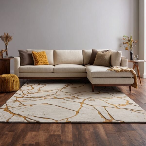 Modern Abstract Cream & Gold Area Rug