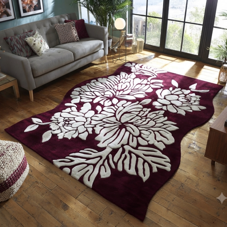 Netyex Luxury Burgundy Floral Area Rug