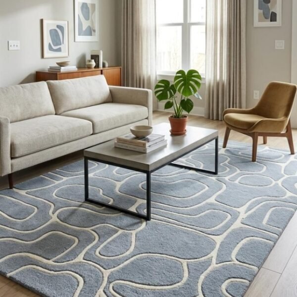 Abstract Organic Lines Blue & Ivory Area Rug