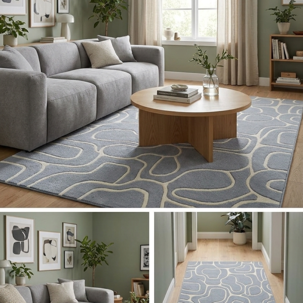 Abstract Organic Lines Blue & Ivory Area Rug