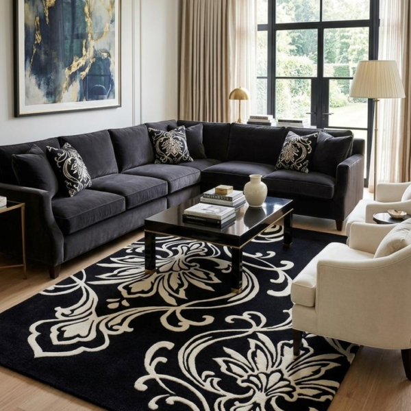 Black & Ivory Damask Pattern Area Rug