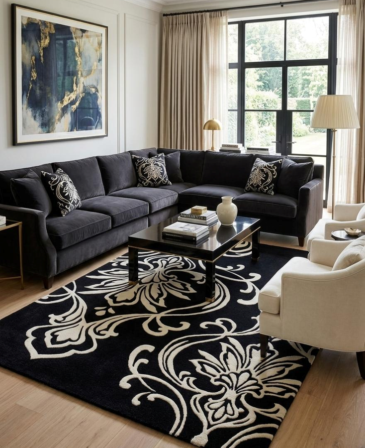 Black & Ivory Damask Pattern Area Rug