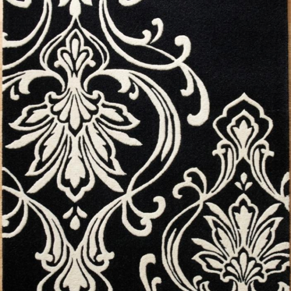 Black & Ivory Damask Pattern Area Rug