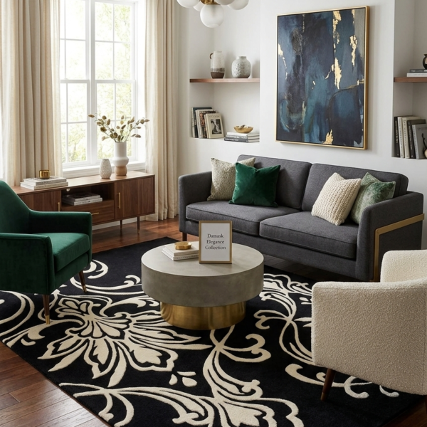 Black & Ivory Damask Pattern Area Rug