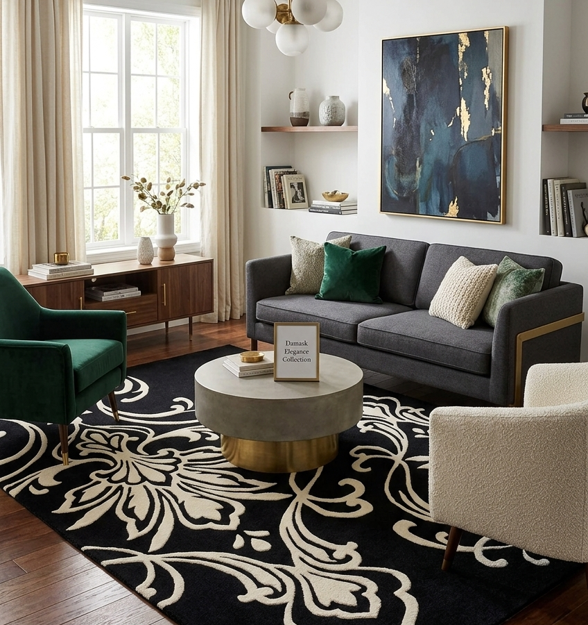 Black & Ivory Damask Pattern Area Rug
