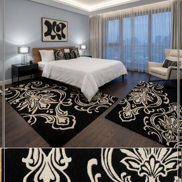 Black & Ivory Damask Pattern Area Rug