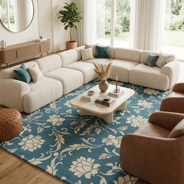 Blue Floral Traditional Area Rug