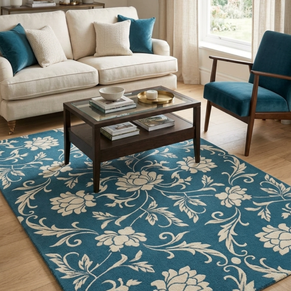 Blue Floral Traditional Area Rug