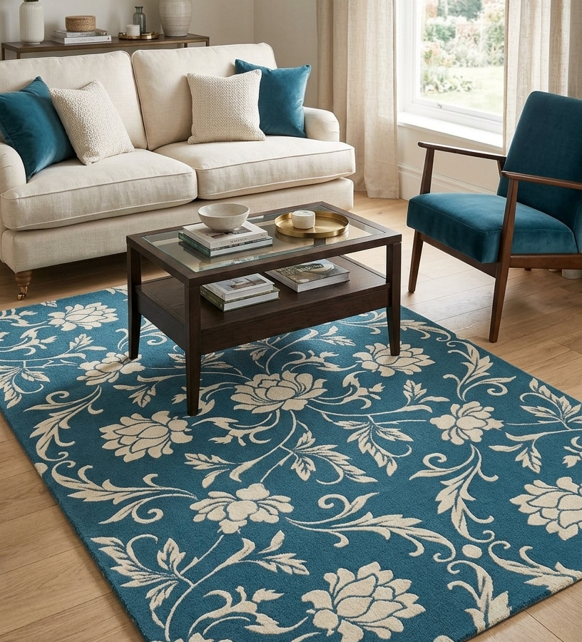 Blue Floral Traditional Area Rug