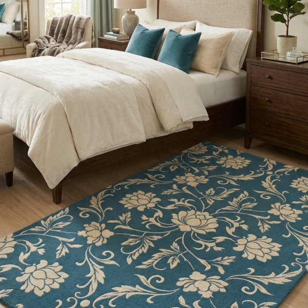 Blue Floral Traditional Area Rug