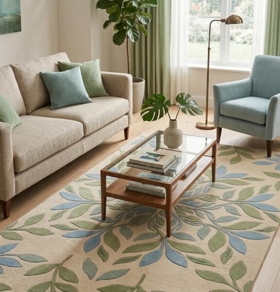 Botanical Leaf Pattern Handcrafted Area Rug