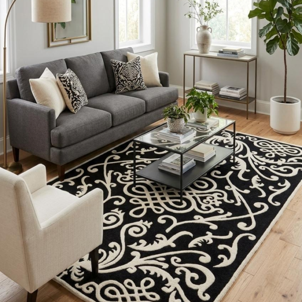 Ornate Black & Ivory Traditional Damask Rug