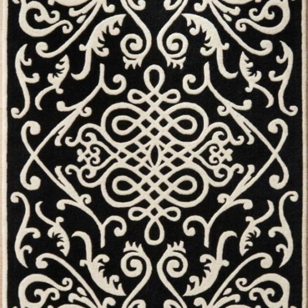 Ornate Black & Ivory Traditional Damask Rug