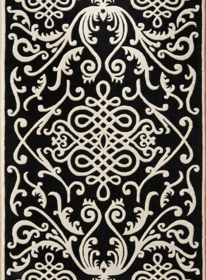 Ornate Black & Ivory Traditional Damask Rug