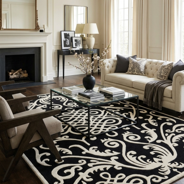 Ornate Black & Ivory Traditional Damask Rug