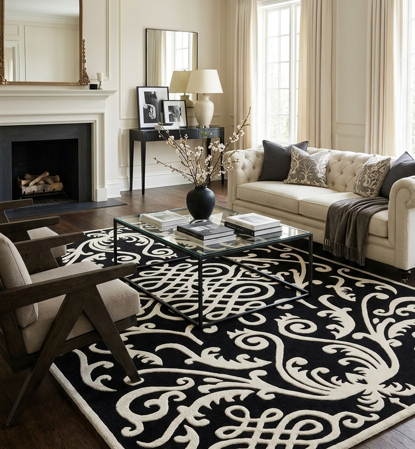 Ornate Black & Ivory Traditional Damask Rug