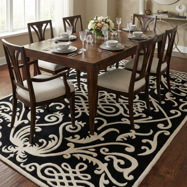 Ornate Black & Ivory Traditional Damask Rug