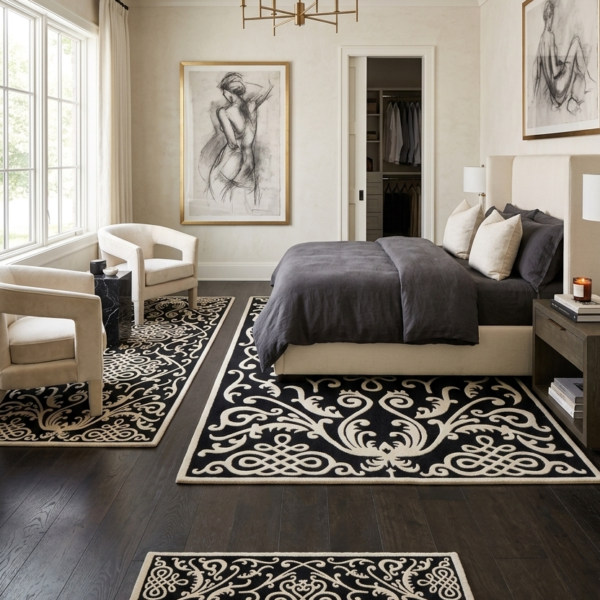 Ornate Black & Ivory Traditional Damask Rug