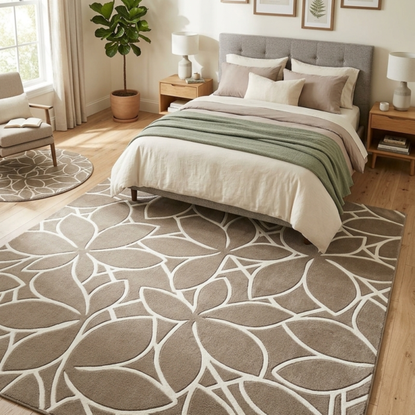 Taupe & Ivory Floral Geometric Area Rug