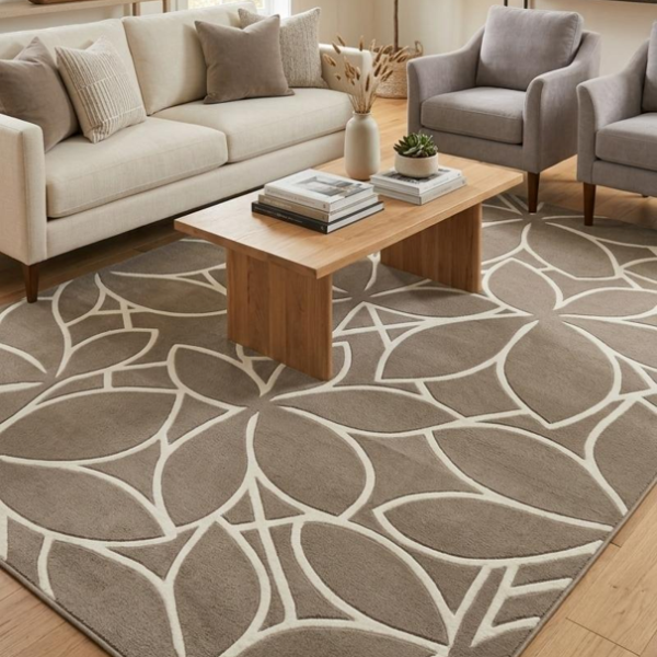 Taupe & Ivory Floral Geometric Area Rug