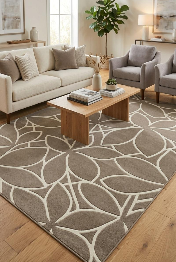 Taupe & Ivory Floral Geometric Area Rug