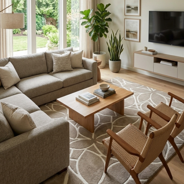 Taupe & Ivory Floral Geometric Area Rug