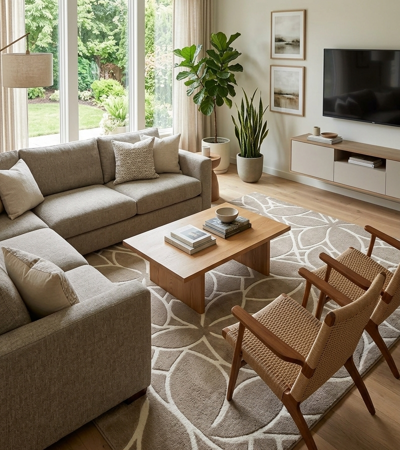Taupe & Ivory Floral Geometric Area Rug