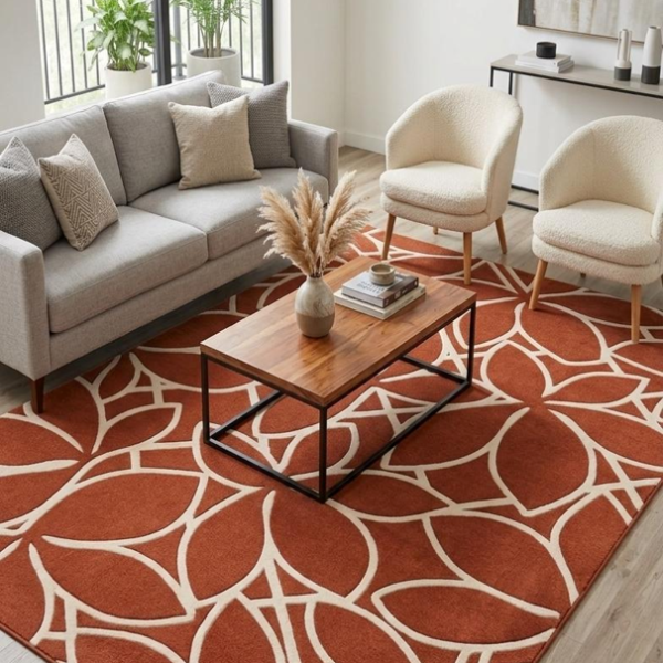 Terracotta Floral Abstract Area Rug