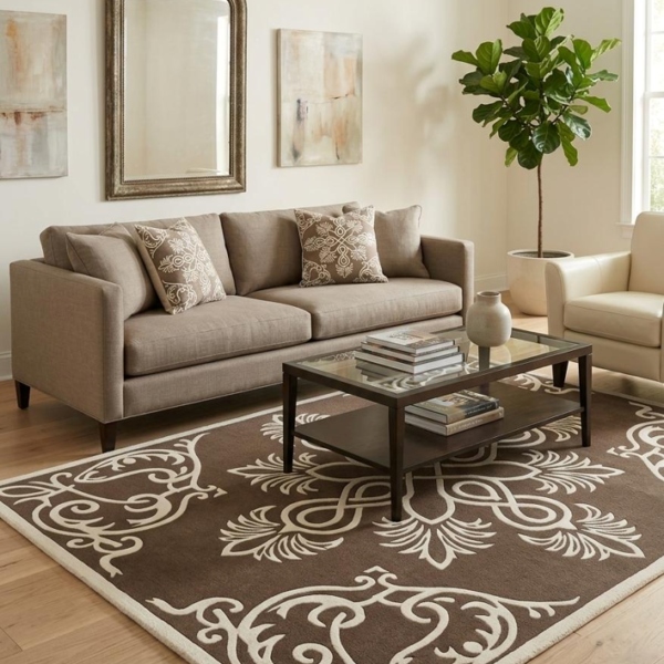 Ornate Traditional Medallion Area Rug – Brown & Ivory