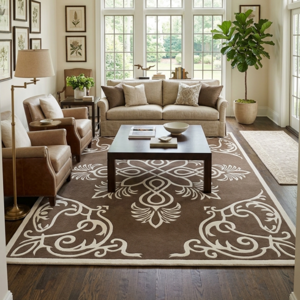 Ornate Traditional Medallion Area Rug – Brown & Ivory