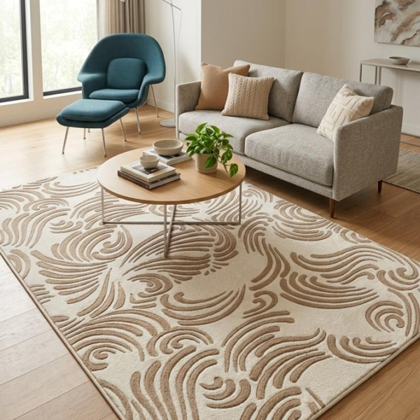 Textured Abstract Paisley Wave Rug – Beige & Taupe