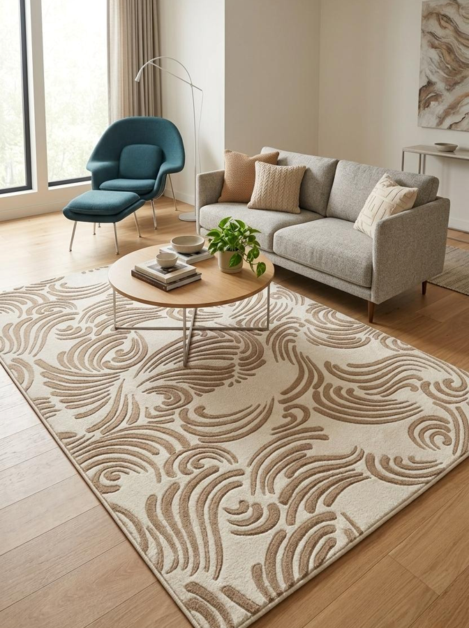 Textured Abstract Paisley Wave Rug – Beige & Taupe