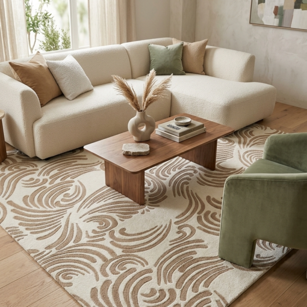 Textured Abstract Paisley Wave Rug – Beige & Taupe