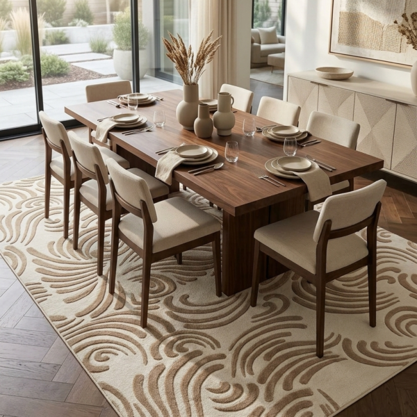 Textured Abstract Paisley Wave Rug – Beige & Taupe