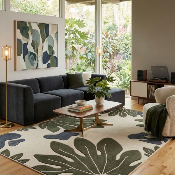 Tropical Botanical Leaf Area Rug – Olive Green