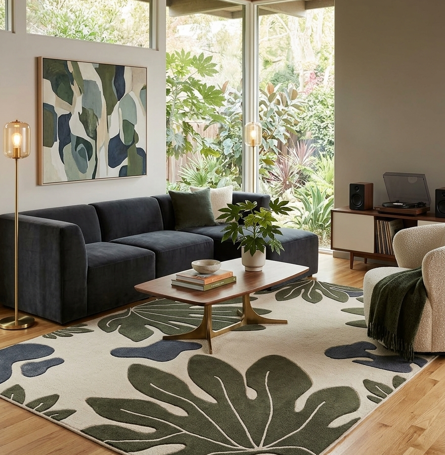 Tropical Botanical Leaf Area Rug – Olive Green