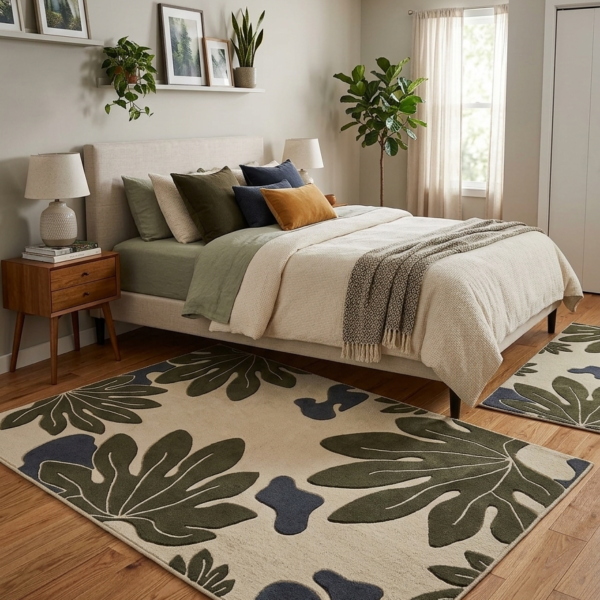 Tropical Botanical Leaf Area Rug – Olive Green